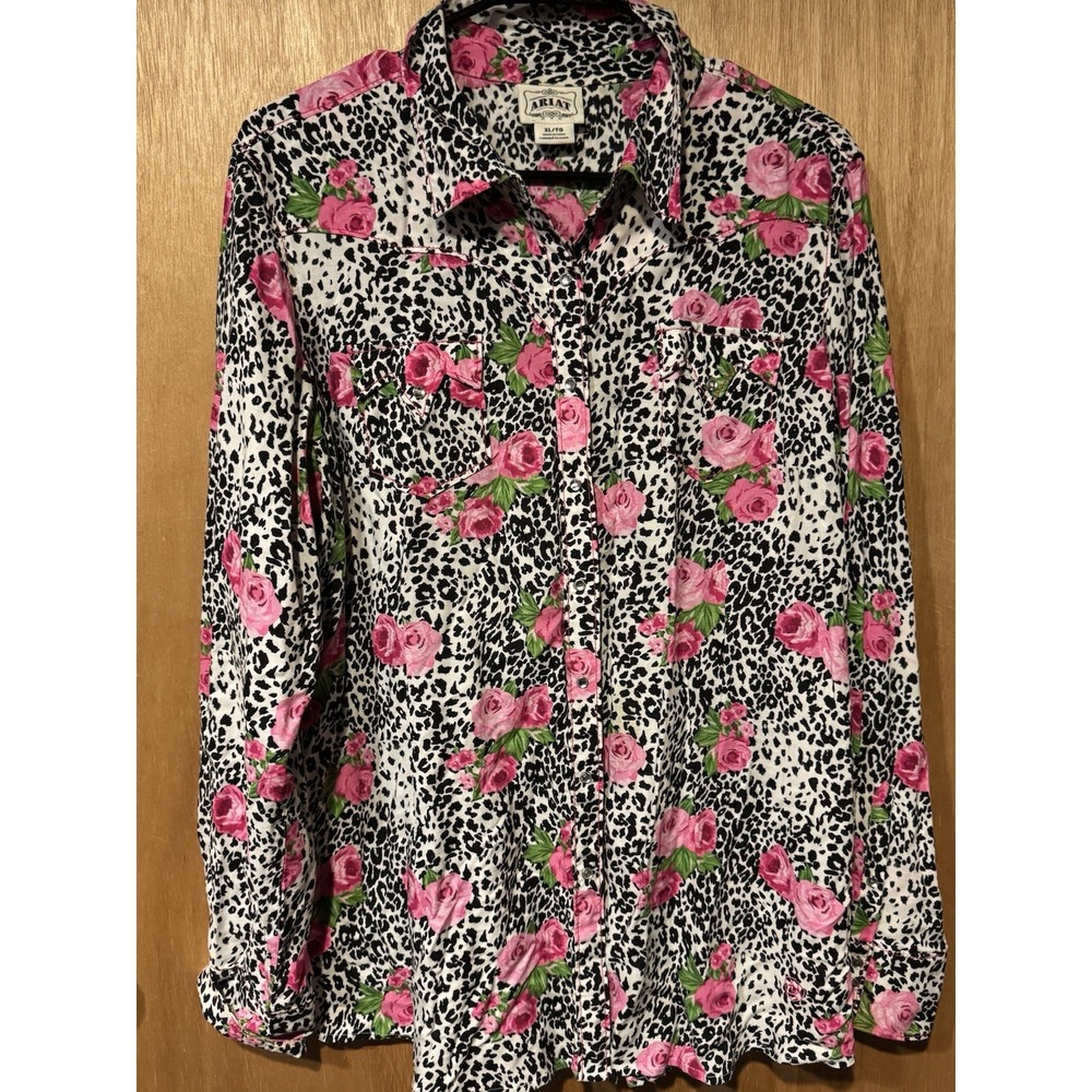 Ariat Floral Pearl Snap Western Shirt Womens Sz XL Pink Cowgirl Flowy (Z1)